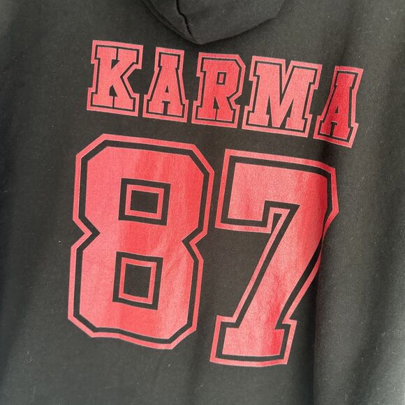 Solid Front, with "Karma 87" on The Back Mens Sweater Hoodie Sz XL Hooded Black - Picture 2 of 7